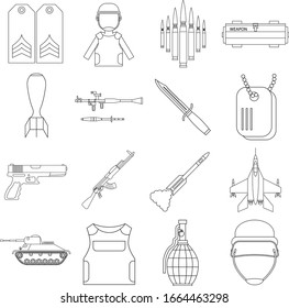 black and white flat vector icons set of army isolated