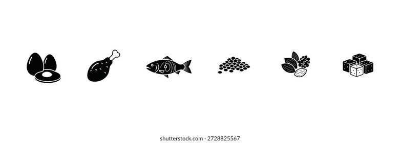 Iconos planos de vectores en blanco y negro que representan alimentos saludables como aves y mariscos, además de legumbres y nueces para una nutrición equilibrada
