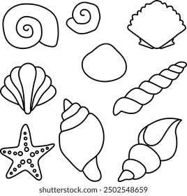 Black and White Flat Vector Illustration of Various Seashells and a Starfish