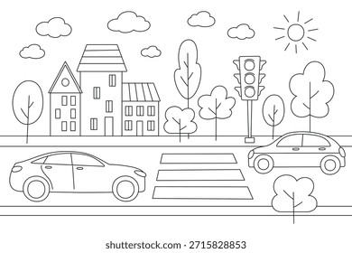 Black and white flat vector illustration of city street scene for coloring book, road with cars, pedestrian crossing, traffic light, buildings and trees, cartoon urban landscape, children activity