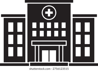 Black and white flat vector illustration of modern hospital facility with glass windows and entrance canopy on background