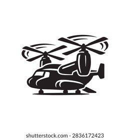 A black and white flat vector illustration of a tiltrotor aircraft. Suitable for aviation themes, military graphics, transport logos, and design icons.