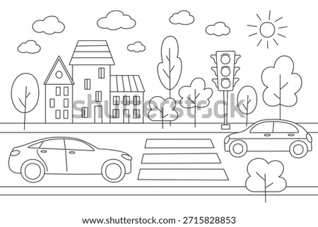 Black and white flat vector illustration of city street scene for coloring book, road with cars, pedestrian crossing, traffic light, buildings and trees, cartoon urban landscape, children activity