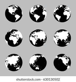 Black and White, flat vector world globe set. White land mass and black water.