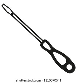 Black and white flathead screwdriver silhouette. Handyman tool for home repair. Maintenance themed vector illustration for icon, sticker, patch, label, sign, badge, certificate or flayer decoration