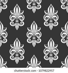 Black and white fleur de lis seamless pattern. Vintage royal , heraldic lilly. Ornament. Turkish, Indian motifs. Great for fabric and textile, flyer, banner, business cards, wallpaper, packaging