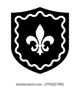 Black and white fleur de lis symbol on a shield with heraldry, medieval