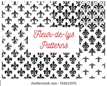 Black and white fleur-de-lis floral seamless pattern with set of french royal lily flowers with victorian leaf scrolls. Wallpaper, vintage interior accessory design