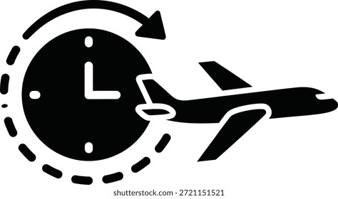 Icono de tiempo de vuelo en blanco y negro – Símbolo de avión y reloj para la programación de viajes