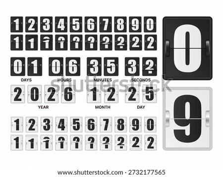 Black and White Flip Board and Clock Countdown Timer Vector Set with Mechanical Number Boards, Days Hours Minutes Seconds Display and Calendar Year Month Day Elements