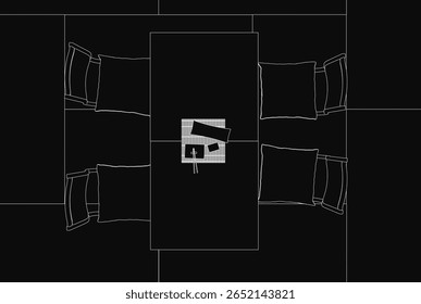 Uma planta de piso preto e branco possui uma sala de jantar com uma cama, travesseiros e uma mesa. O fundo escuro cria uma atmosfera misteriosa. O design minimalista destaca móveis funcionais.