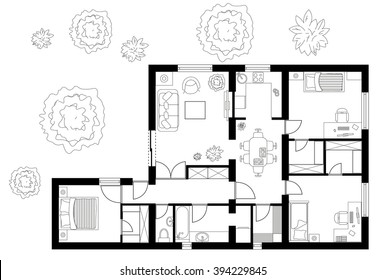 Black and White floor plan of a house.