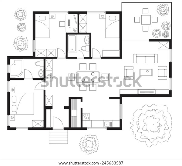 Black and White floor\
plan of a house.