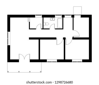 Black and White floor plan of a modern unfurnished interior for your design. Vector blueprint suburban house.  Interesting architectural project.