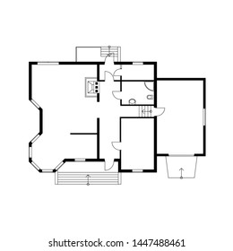 Black and White floor plan of a modern suburban house. Vector blueprint. Unfurnished floor plan for your design.