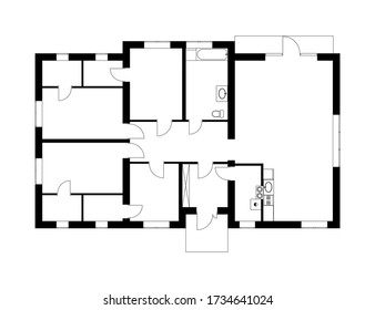 Black and White floor plan of a modern unfurnished apartment for your design. Vector blueprint suburban house.  Architectural project.