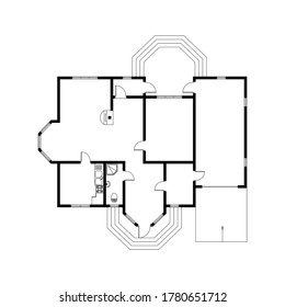 Plano blanco y negro de un apartamento moderno. Diseño de vectores. Casa suburbana en planta baja sin amueblar para su diseño.