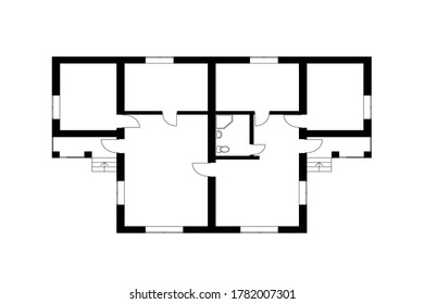 Schwarz-Weiß-Grundriss einer modernen, unmöblierten Wohnung für Ihr Design. Vorstadthaus mit Vektorplan. Architektonischer Hintergrund.