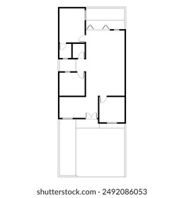 Plan de piso en blanco y negro de una casa moderna sin amueblar para su diseño. Plano de Vector de casa suburbana. Fondo arquitectónico