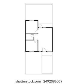 Plan de piso en blanco y negro de una casa moderna sin amueblar para su diseño. Plano de Vector de casa suburbana. Fondo arquitectónico