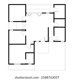 Black and White floor plan of a modern unfurnished house for your design. Suburban house vector blueprint. Architectural background