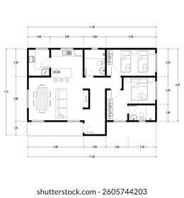 Black and White floor plan of a modern unfurnished house for your design. Suburban house vector blueprint. Architectural background.