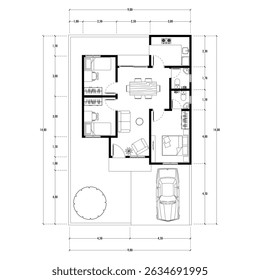 Plano de piso preto e branco de uma casa moderna não mobilada para o seu design. Planta vetorial da casa suburbana. Formação arquitetônica.