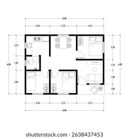 Black and White floor plan of a modern unfurnished house for your design. Suburban house vector blueprint. Architectural background.