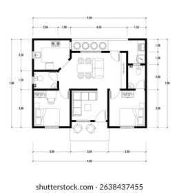 Black and White floor plan of a modern unfurnished house for your design. Suburban house vector blueprint. Architectural background.