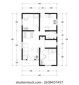 Black and White floor plan of a modern unfurnished house for your design. Suburban house vector blueprint. Architectural background.