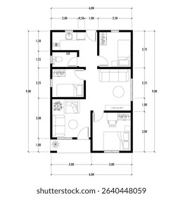 Black and White floor plan of a modern unfurnished house for your design. Suburban house vector blueprint. Architectural background.