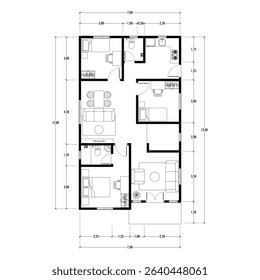 Black and White floor plan of a modern unfurnished house for your design. Suburban house vector blueprint. Architectural background.