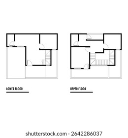 Plano de piso preto e branco de uma casa moderna não mobilada para o seu design. Planta vetorial da casa suburbana. Formação arquitetônica.