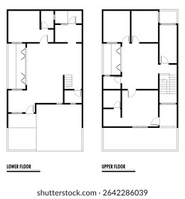 Plano de piso preto e branco de uma casa moderna não mobilada para o seu design. Planta vetorial da casa suburbana. Formação arquitetônica.
