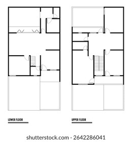 Plano de piso preto e branco de uma casa moderna não mobilada para o seu design. Planta vetorial da casa suburbana. Formação arquitetônica.