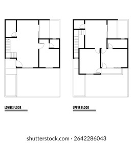 Plano de piso preto e branco de uma casa moderna não mobilada para o seu design. Planta vetorial da casa suburbana. Formação arquitetônica.
