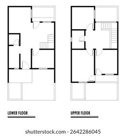 Plano de piso preto e branco de uma casa moderna não mobilada para o seu design. Planta vetorial da casa suburbana. Formação arquitetônica.