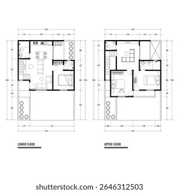 Plano de piso preto e branco de uma casa moderna não mobilada para o seu design. Planta vetorial da casa suburbana. Formação arquitetônica.