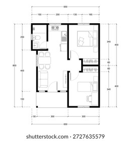 Plano de piso preto e branco de uma casa moderna não mobilada para o seu design. Planta vetorial da casa suburbana. Formação arquitetônica.