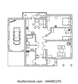 Black and White floor plan of a modern apartment.