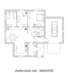 Black and White floor plan of a modern apartment.