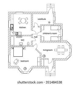 Black and White floor plan of a modern apartment. Vector Illustration.