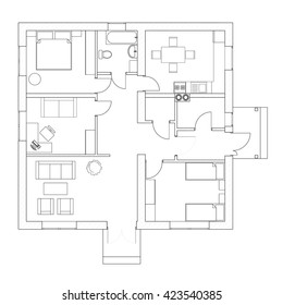 Black and White floor plan of a modern apartment. Vector Illustration. Architectural blueprint.