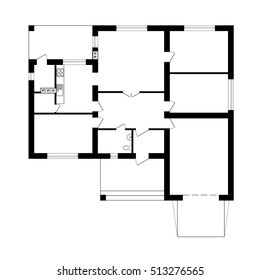 Plan de piso blanco y negro de un apartamento moderno. Plan de Vector. Casa suburbana de Plan sin amueblar para su diseño.