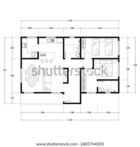 Black and White floor plan of a modern unfurnished house for your design. Suburban house vector blueprint. Architectural background.
