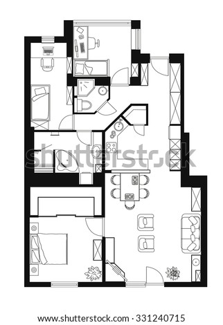 Black and White floor plan of a modern apartment. Imagine de stoc © 