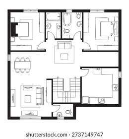 Black and white floor plan multi room apartment with detailed room layouts and furniture