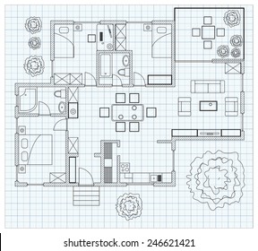 Black and White floor plan sketch of a house on millimeter paper.