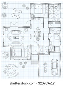 Black and White floor plan sketch of a house on millimeter paper.