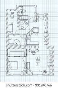 Black and White floor plan sketch of an apartment on millimeter paper.